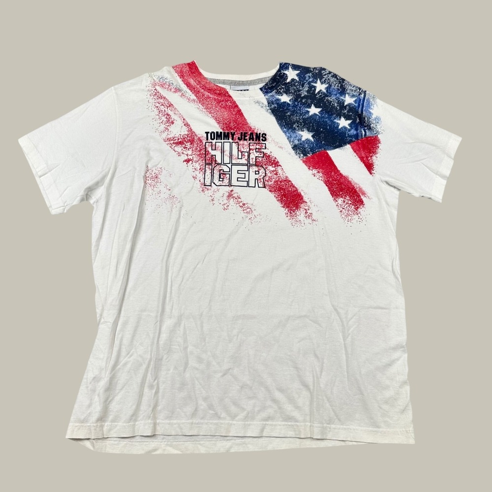 Y2K Tommy Jeans Hilfiger Mens L American Flag T-Shirt White Spell‎ Out USA Tee